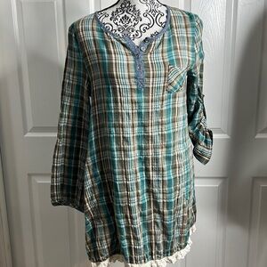 Altard State Blue Green Brown Plaid Tunic Pockets S